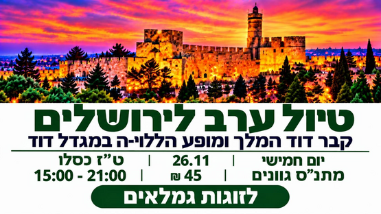 תמונת מופע: טִיּוּל עֶרֶב לְזוּגוֹת גמלאים לִירוּשָׁלַיִם &ndash; קֶבֶר דָּוִד הַמֶּלֶךְ וּמוֹפַע הַלְלוּיָה בְּמִגְדַּל דָּוִד&comma;